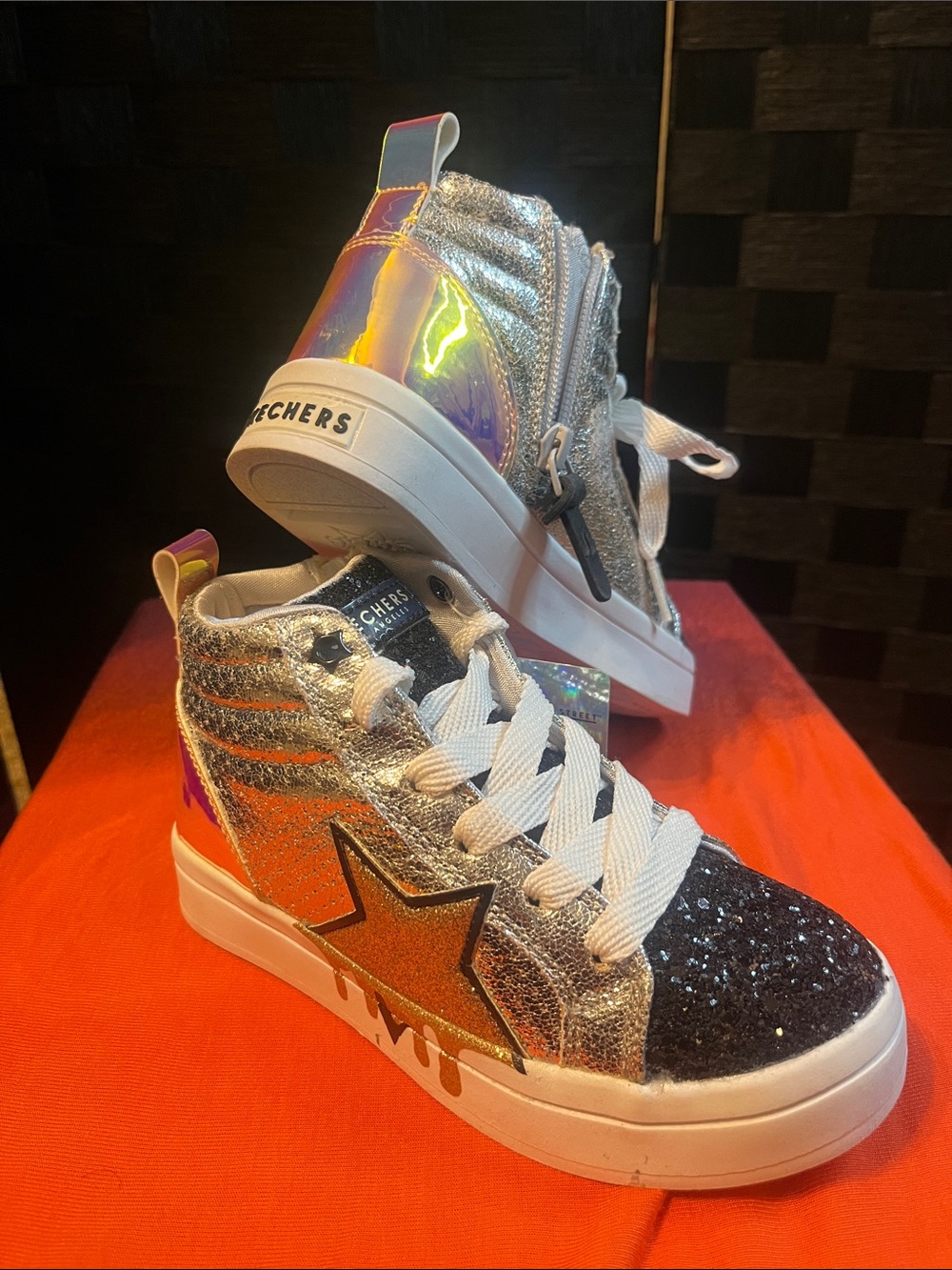 Skechers Kids Silver Glitter Star High-Top Sneakers New